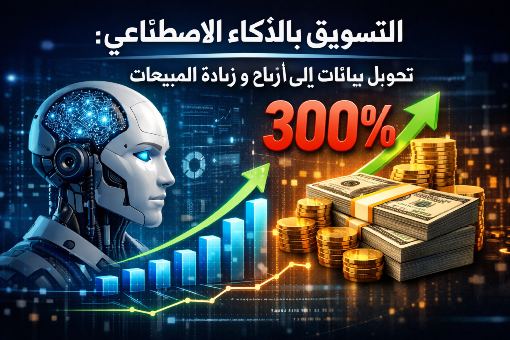 التسويق بالذكاء الاصطناعي: خطوات عملية لزيادة المبيعات لوحة توضح التسويق بالذكاء الاصطناعي وأدوات تحليل سلوك العملاء وأتمتة الحملات الرقمية