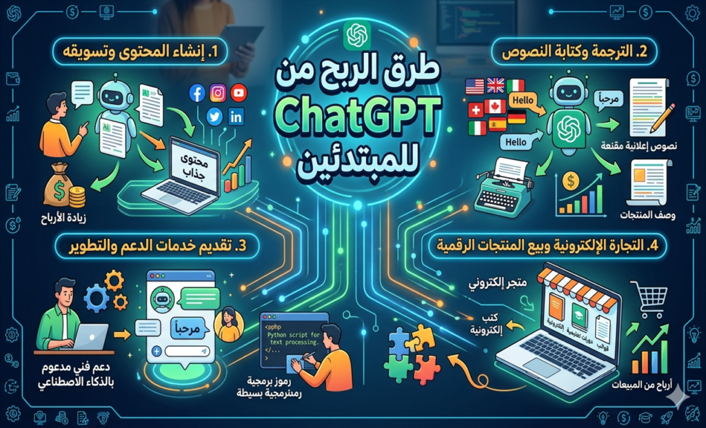 طرق الربح من ChatGPT للمبتدئين
الربح من ChatGPT
ChatGPT للمبتدئين
الذكاء الاصطناعي للربح
كتابة المحتوى بالذكاء الاصطناعي
خدمات ChatGPT المدفوعة
دخل سلبي من ChatGPT
العمل الحر باستخدام ChatGPT
أدوات الذكاء الاصطناعي المجانية
التسويق بالذكاء الاصطناعي
مشاريع جانبية مربحة
كيف أربح من ChatGPT وأنا مبتدئ
أفضل 10 طرق لكسب المال من ChatGPT في المنزل
مشاريع صغيرة مربحة باستخدام الذكاء الاصطناعي
دورة الربح من ChatGPT خطوة بخطوة للمبتدئين العرب
تجربتي الناجحة مع الربح من ChatGPT
أسرار تحقيق أول 1000 دولار باستخدام ChatGPT
منصات العمل الحر للربح من خدمات الذكاء الاصطناعي
كتابة سكريبتات الفيديو بالذكاء الاصطناعي وبيعها
ترجمة احترافية باستخدام ChatGPT للنصوص الطويلة
إدارة حسابات التواصل الاجتماعي بالذكاء الاصطناعي للمبتدئين
إنشاء كتب إلكترونية رقمية باستخدام ChatGPT وبيعها على Amazon
أدوات مساعدة للربح من ChatGPT لا غنى عنها
أخطاء تجنبها عند البدء في الربح من الذكاء الاصطناعي
كيف تطلب من ChatGPT أوامر احترافية لنتائج قابلة للبيع
حالات نجاح واقعية لأشخاص ربحوا من ChatGPT من الصفر