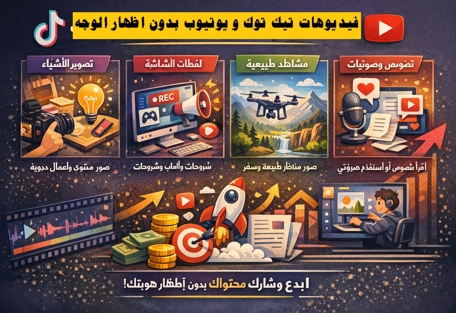 فيديوهات تيك توك و يوتيوب بدون اظهار الوجه فيديوهات بدون وجه صناعة المحتوى بدون ظهور مقاطع تيك توك بدون كاميرا يوتيوب بدون وجه أرباح تيك توك ويوتيوب فيديوهات قصيرة مربحة محتوى رقمي خفي إنتاج فيديوهات بالذكاء الاصطناعي تسويق بالعمولة بالفيديو ربح المال من تيك توك ويوتيوب قنوات يوتيوب بدون كاميرا فيديوهات تعليمية بدون وجه مونتاج فيديوهات للمبتدئين أدوات صناعة المحتوى الخفي استراتيجيات النمو على تيك توك ويوتيوب
